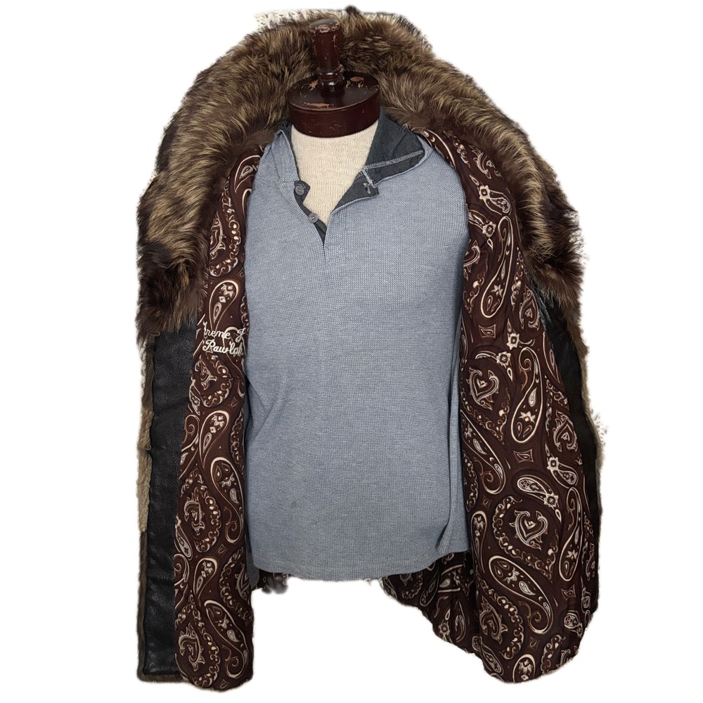 Vintage Mandel's Raccoon Fur Patchwork Leather Pea Coat Women's Size L- XL Brown - Picture 3 of 12